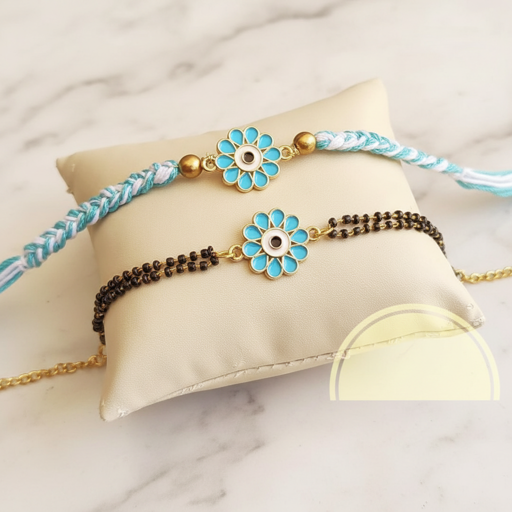 Turquoise Flower Rakhi Set - Enhanced
